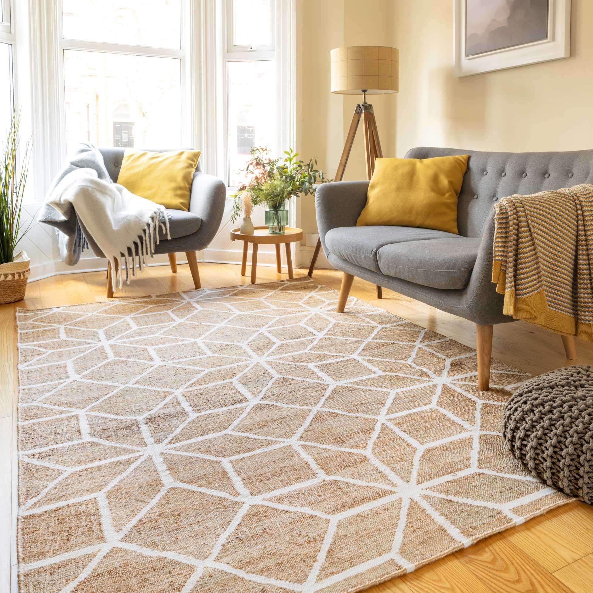 Beige Geometric Natural Jute Area Rug - Fretwork