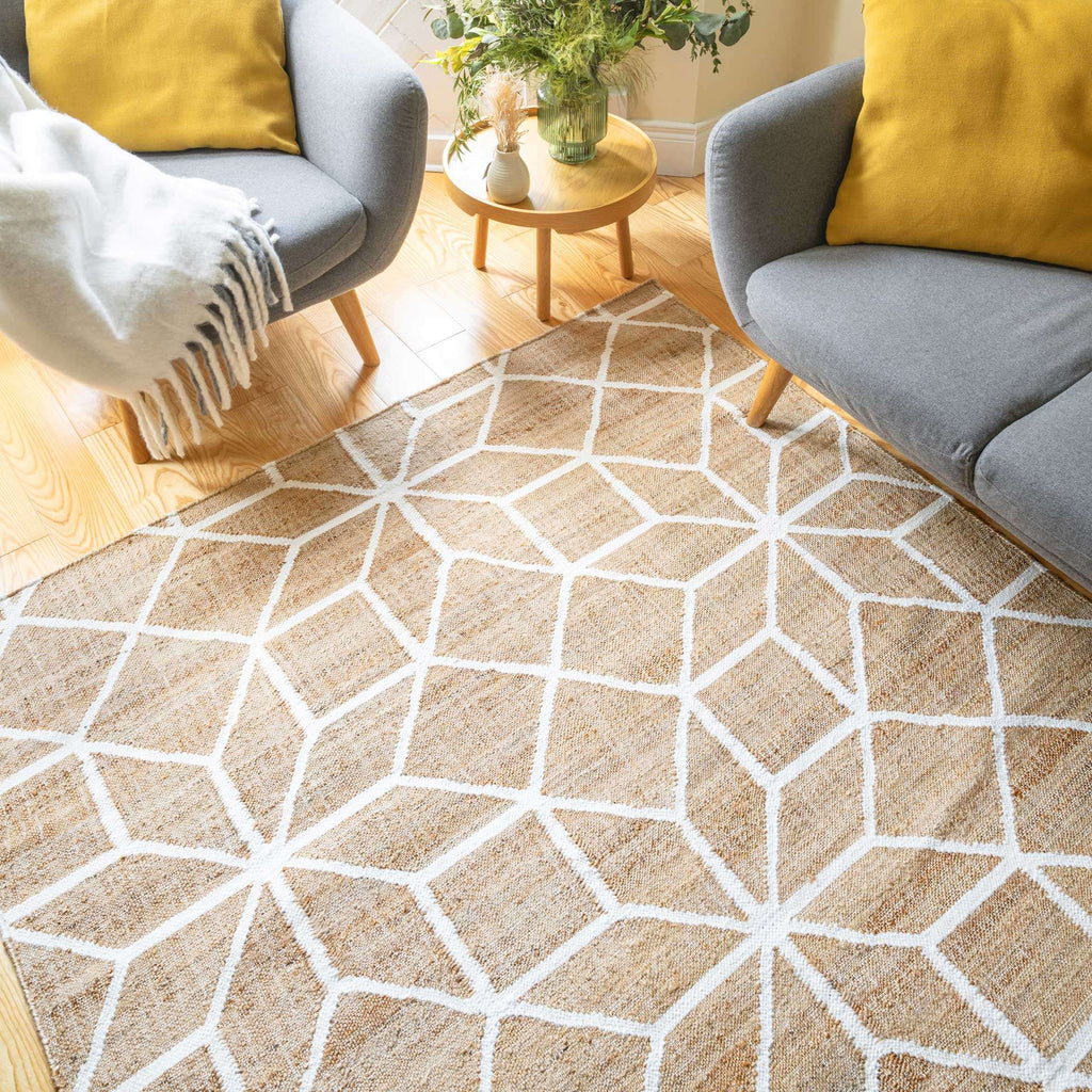 Beige Geometric Natural Jute Area Rug - Fretwork