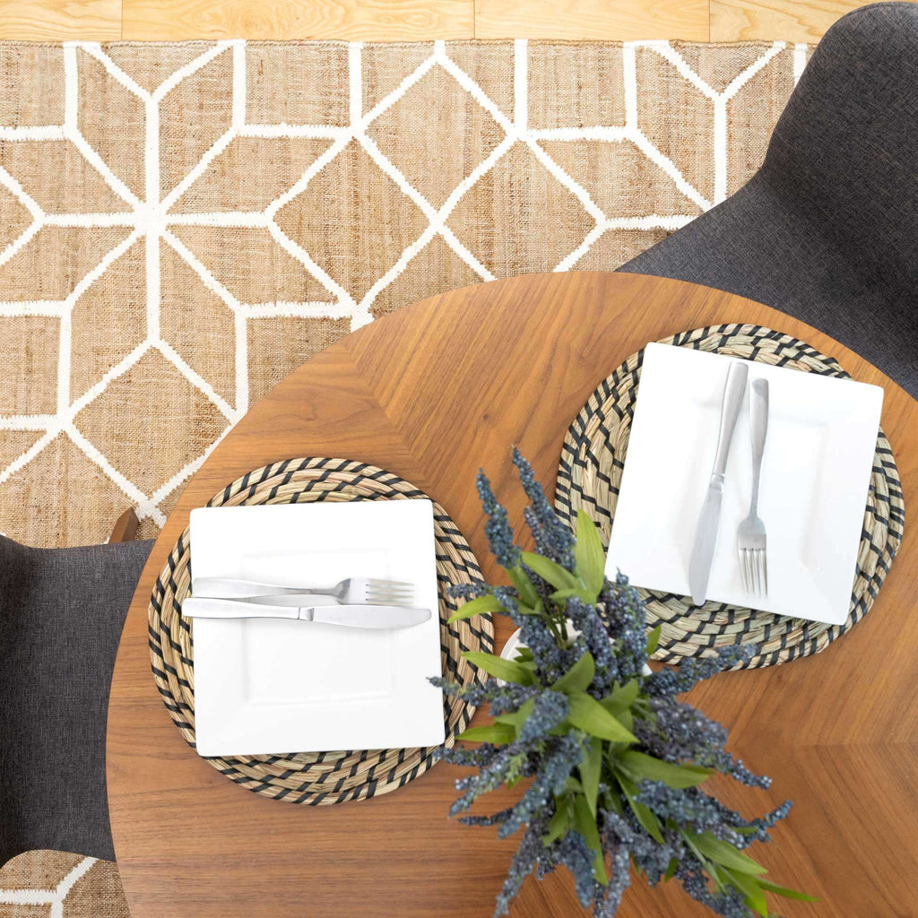 Beige Geometric Natural Jute Area Rug - Fretwork