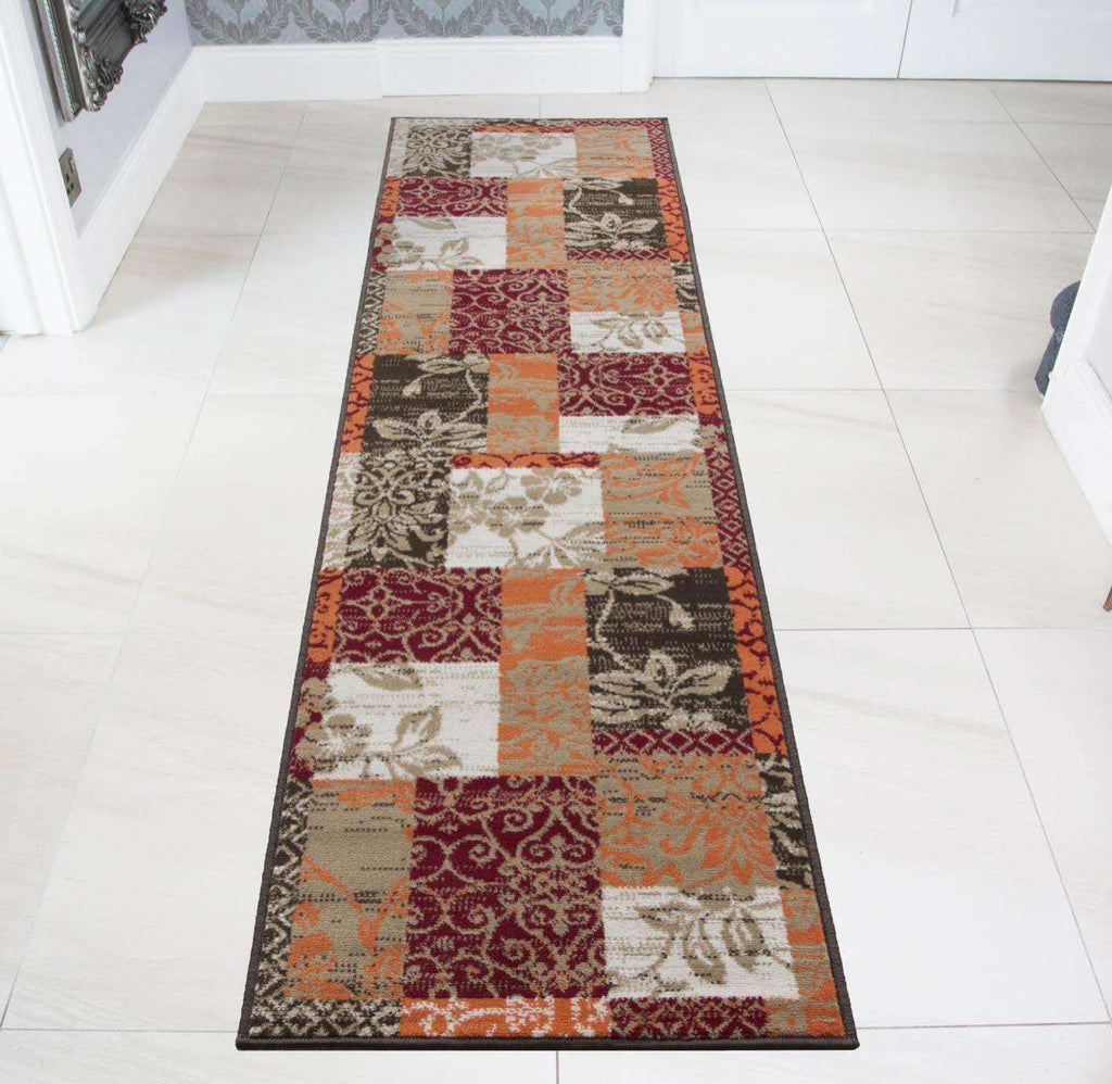Terracotta Red Warm Patchwork Living Room Rug