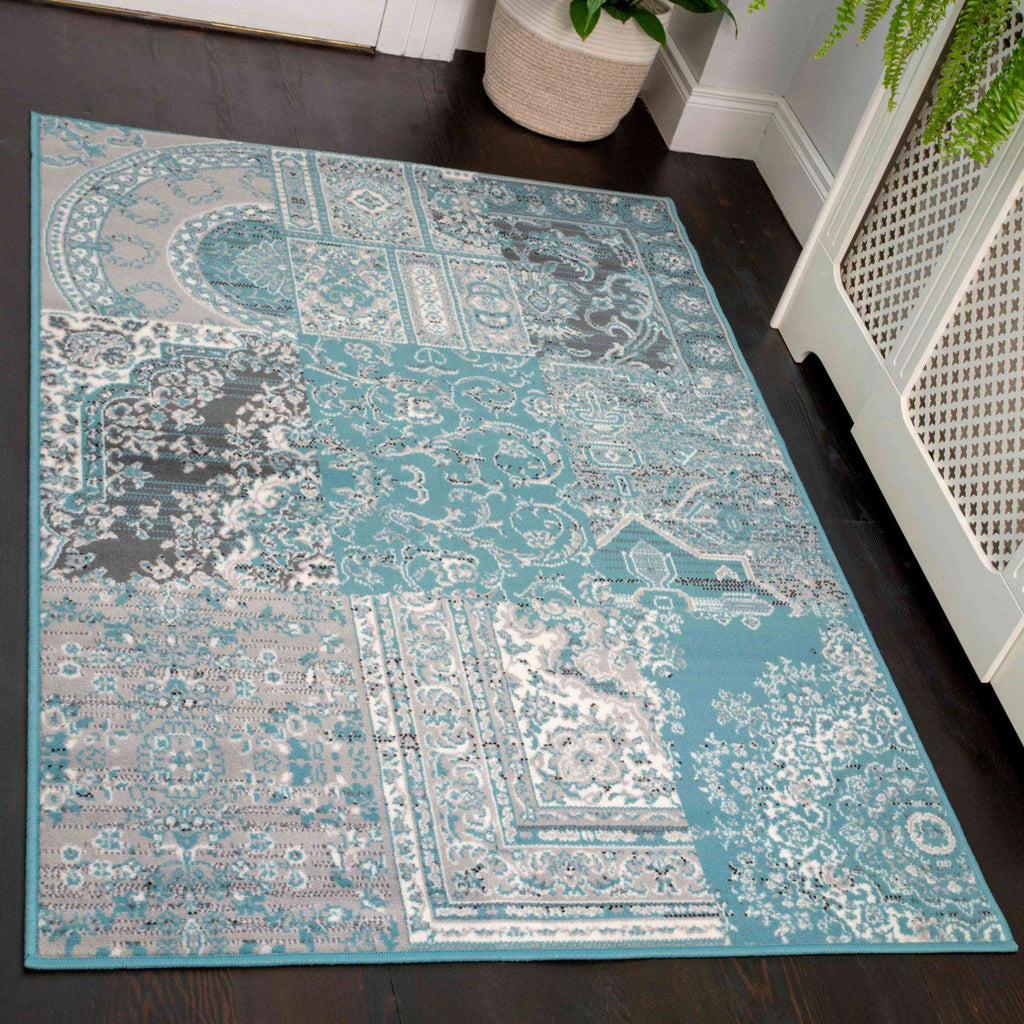 Duck Egg Traditional Patchwork Living Room Rug