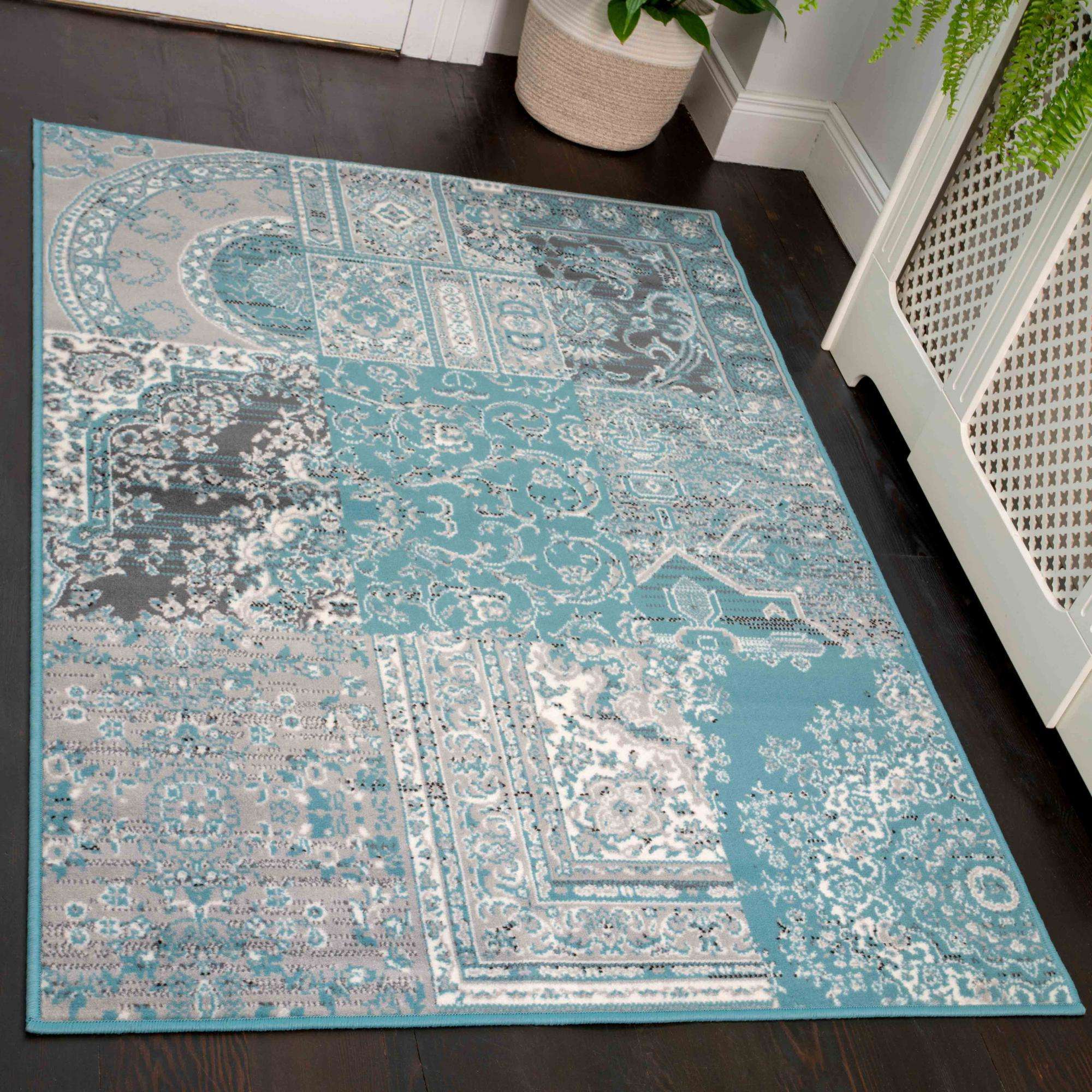 Duck Egg Traditional Patchwork Living Room Rug