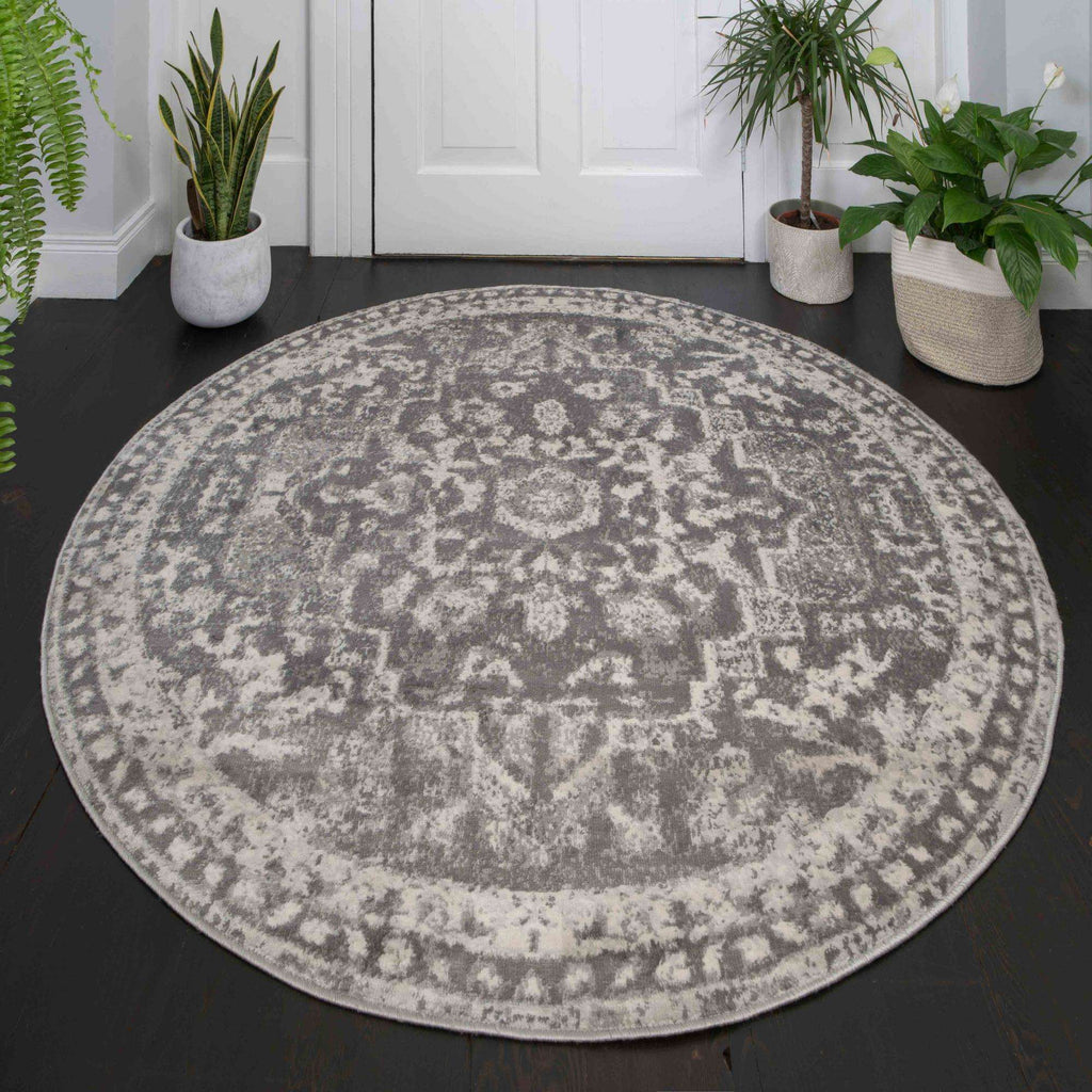 Round Circle Faded Distressed Grey Oriental Rug