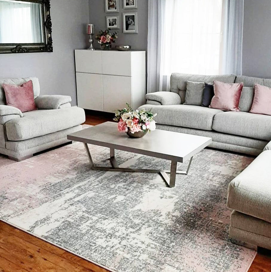 Pink Grey Distressed Worn Look Living Room Rug - Milan