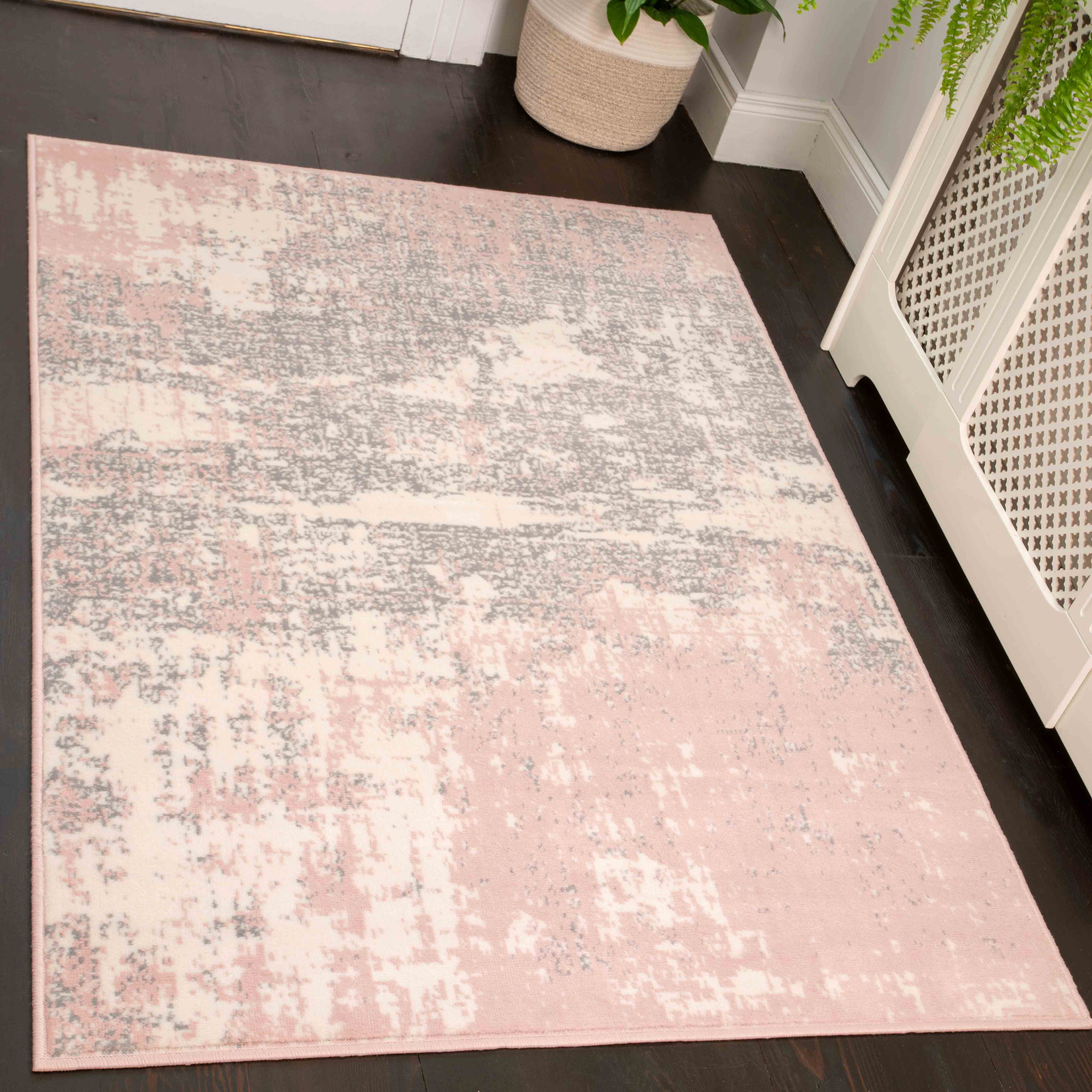 Pink Grey Distressed Worn Look Living Room Rug - Milan