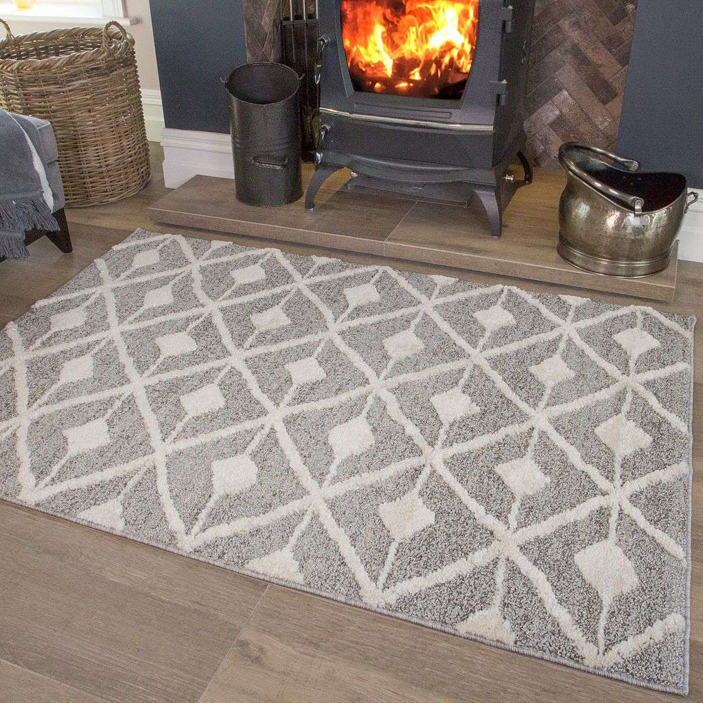 Scandi Grey Cream Tufted Hi Low Pile Rug - Benni