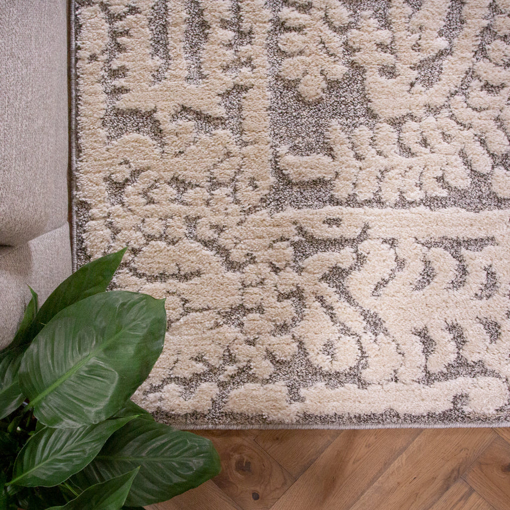 Grey White Textured Floral Rug