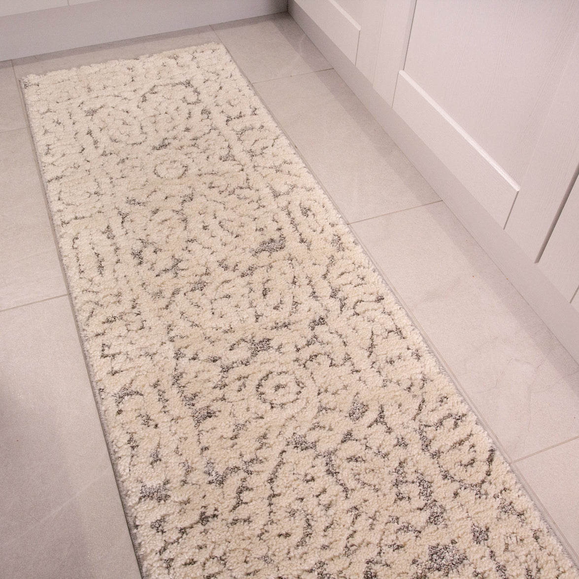 Grey White Damask Runner Scandi Rug