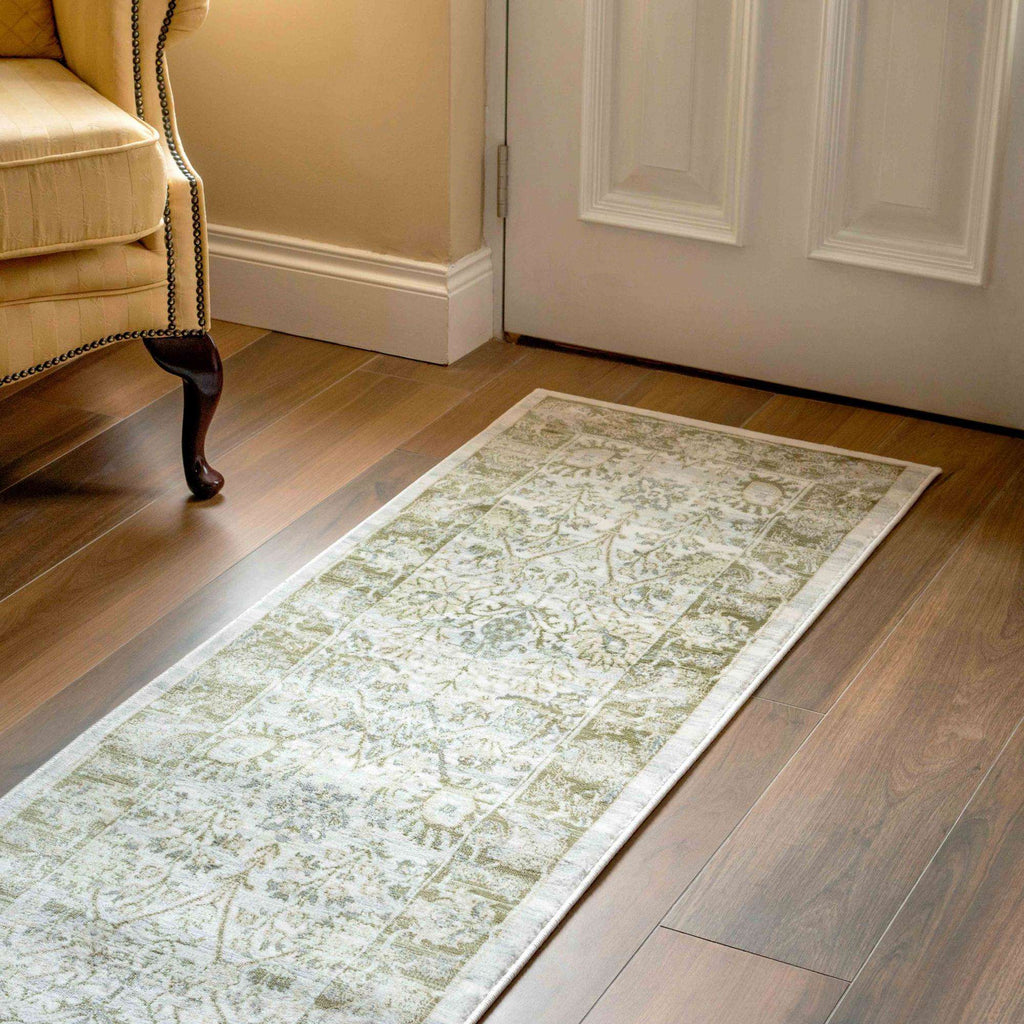 Vintage Traditional Green Floral Hall Runner Rug