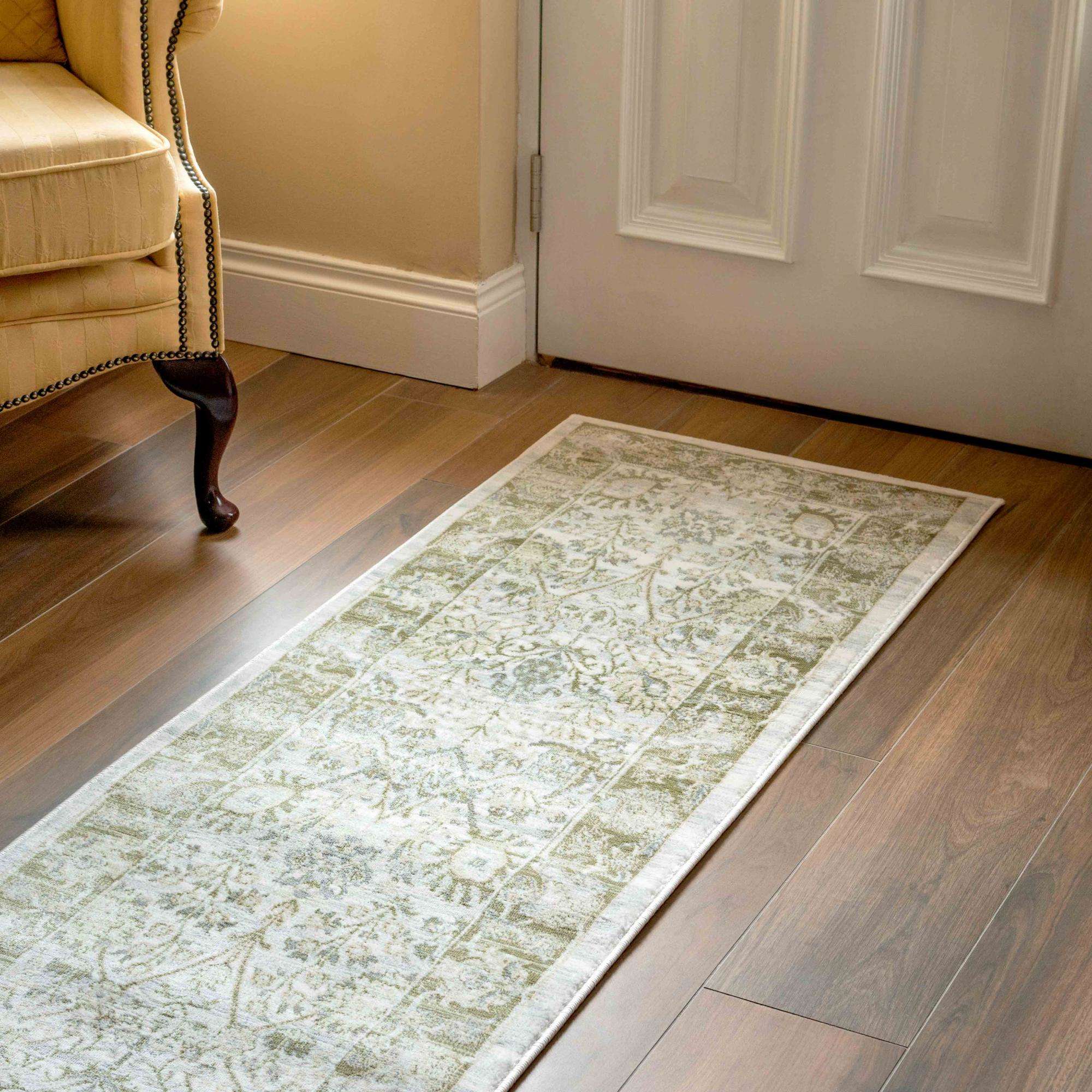 Vintage Traditional Green Floral Hall Runner Rug