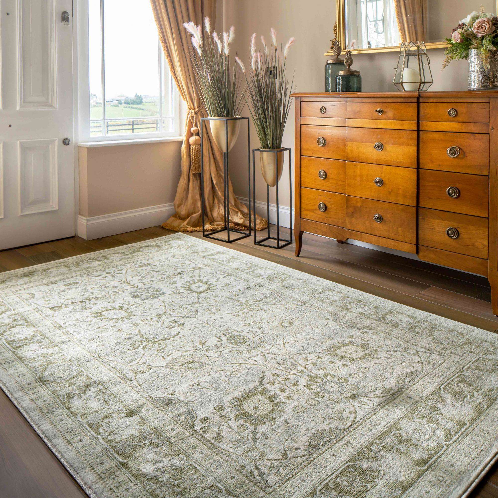 Vintage Traditional Green Floral Hall Runner Rug