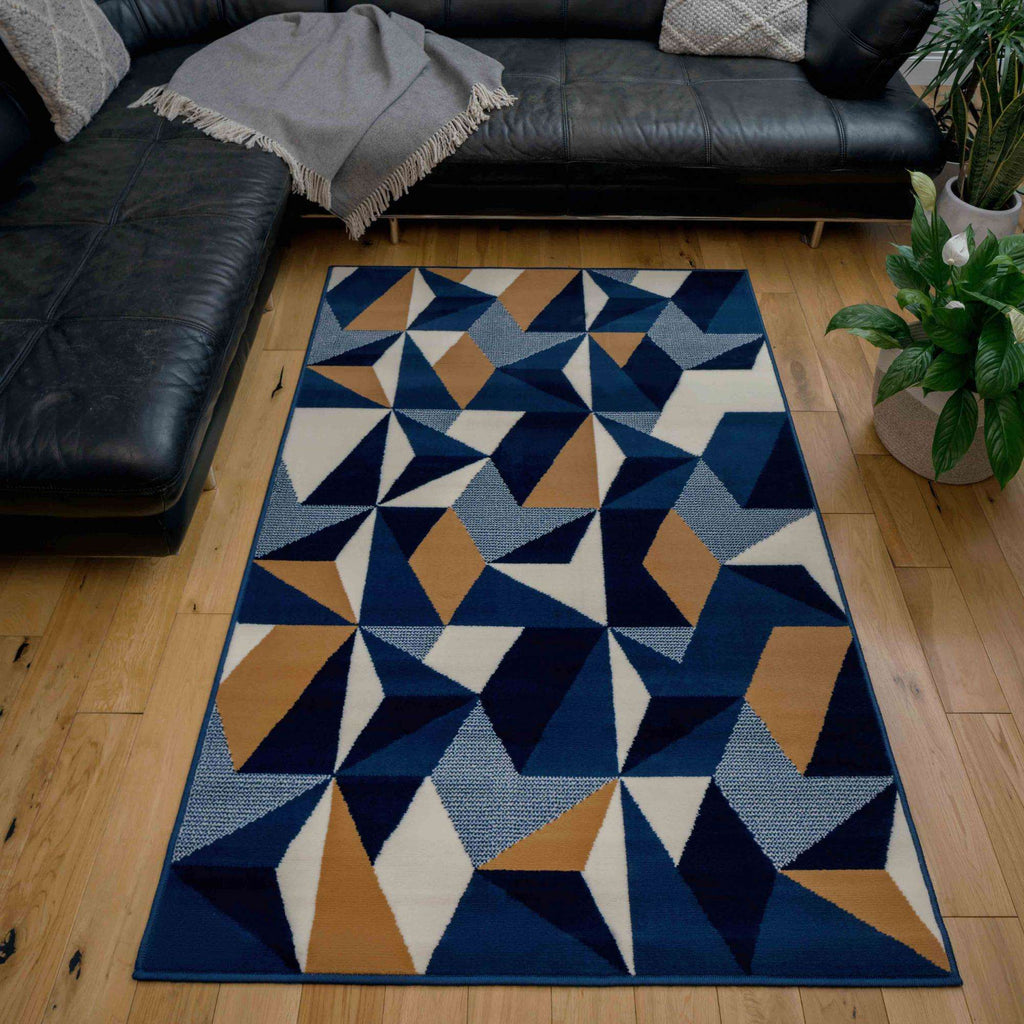 Blue Grey Modern Geometric Hall Runner Rugs