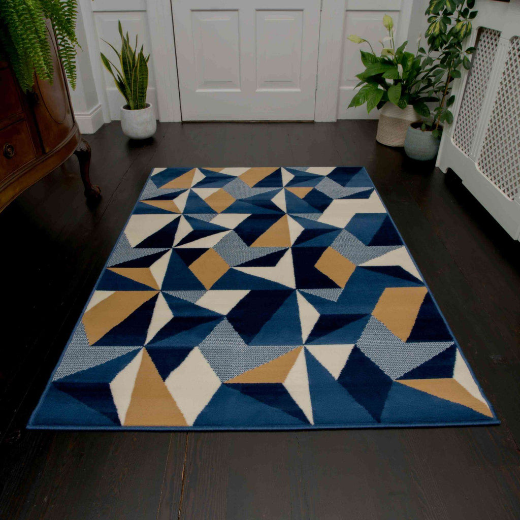Blue Grey Modern Geometric Hall Runner Rugs