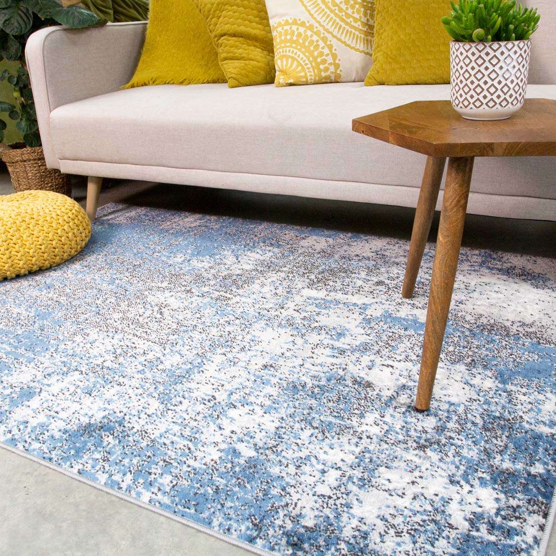 Modern Blue Abstract Distressed Runner Rug