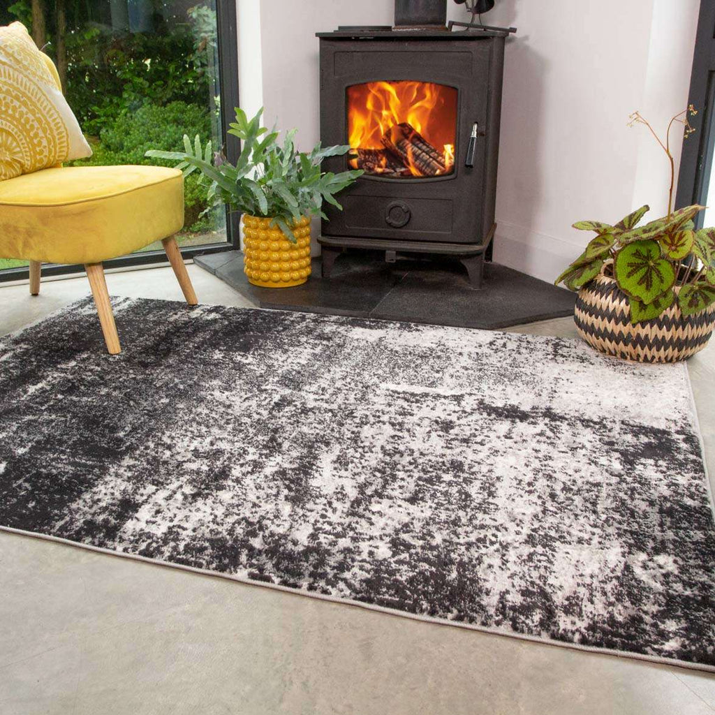 Modern Black Abstract Distressed Runner Rug