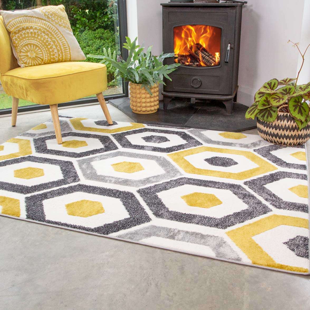 Yellow Geometric Honeycomb Living Room Rug