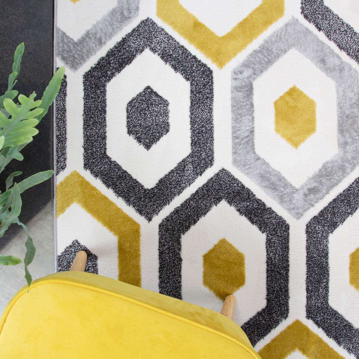 Yellow Geometric Honeycomb Living Room Rug