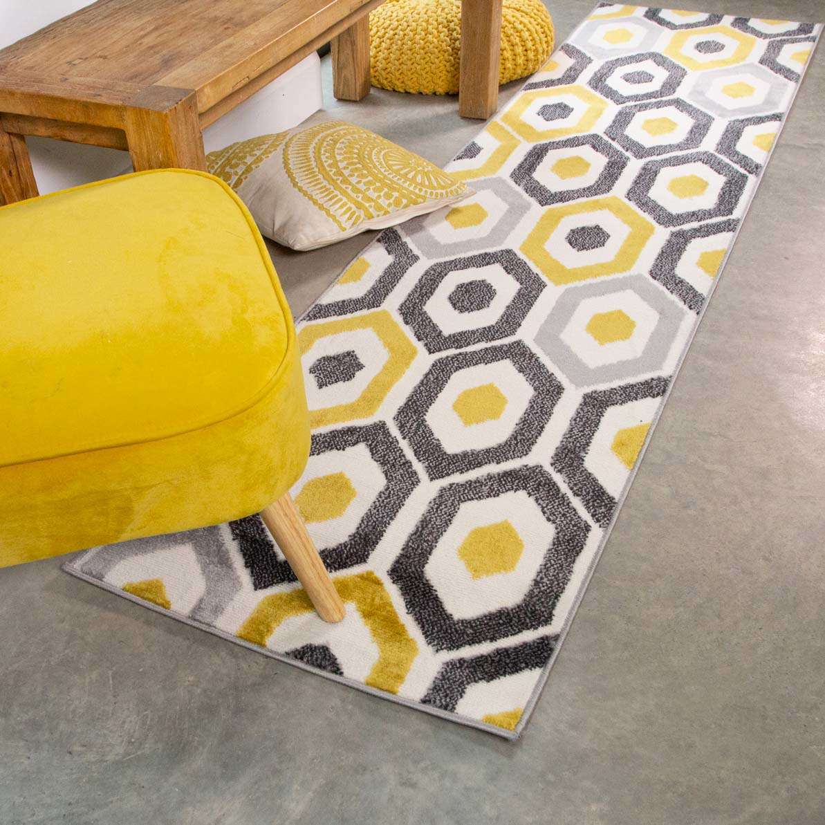 Yellow Geometric Honeycomb Living Room Rug