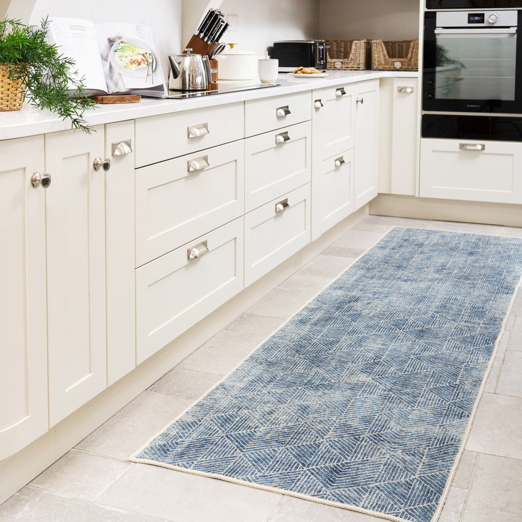 Washable Blue Geometric Runner - Plato