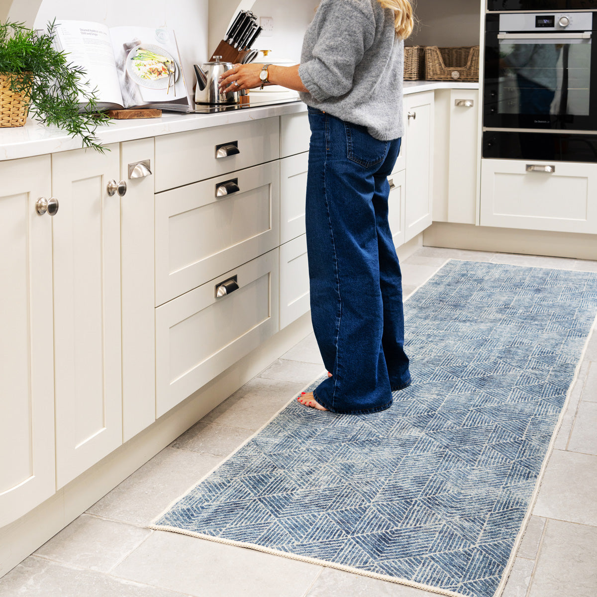 Washable Blue Geometric Runner - Plato