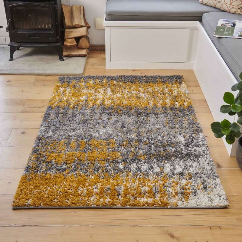 Ochre Distressed Textured Shaggy Rug