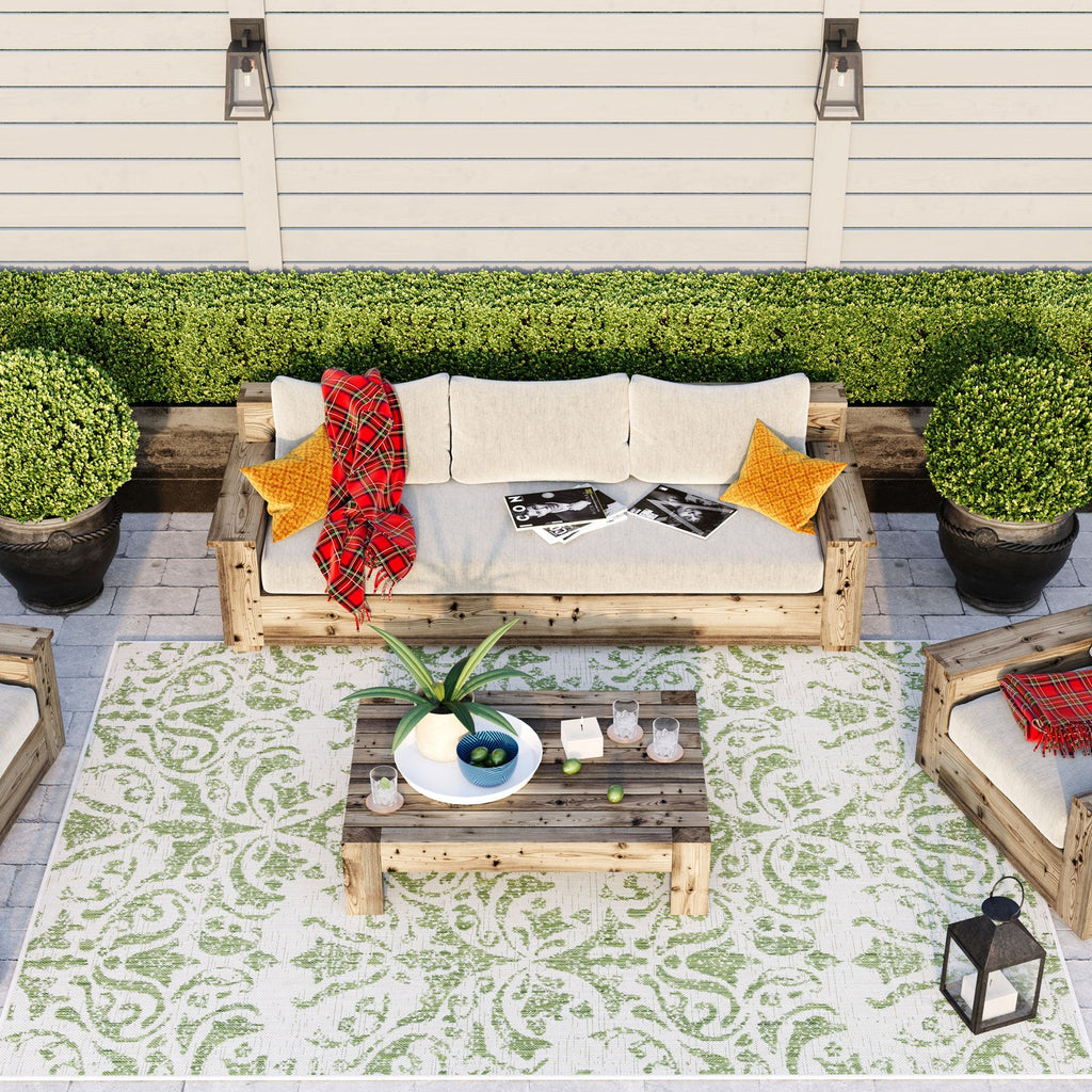 Green Floral Motif Outdoor Rug - Lanark