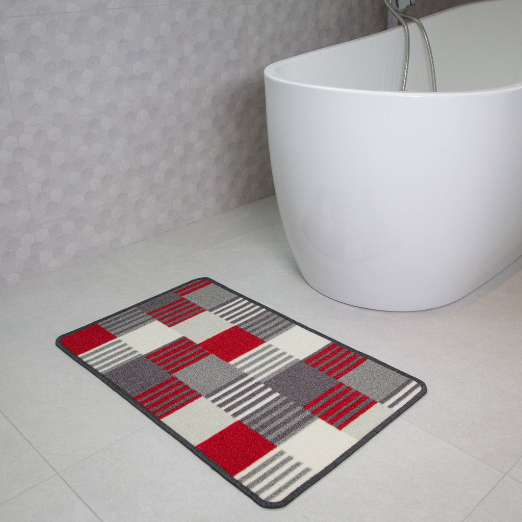 Red Grey Geometric Washable Rug