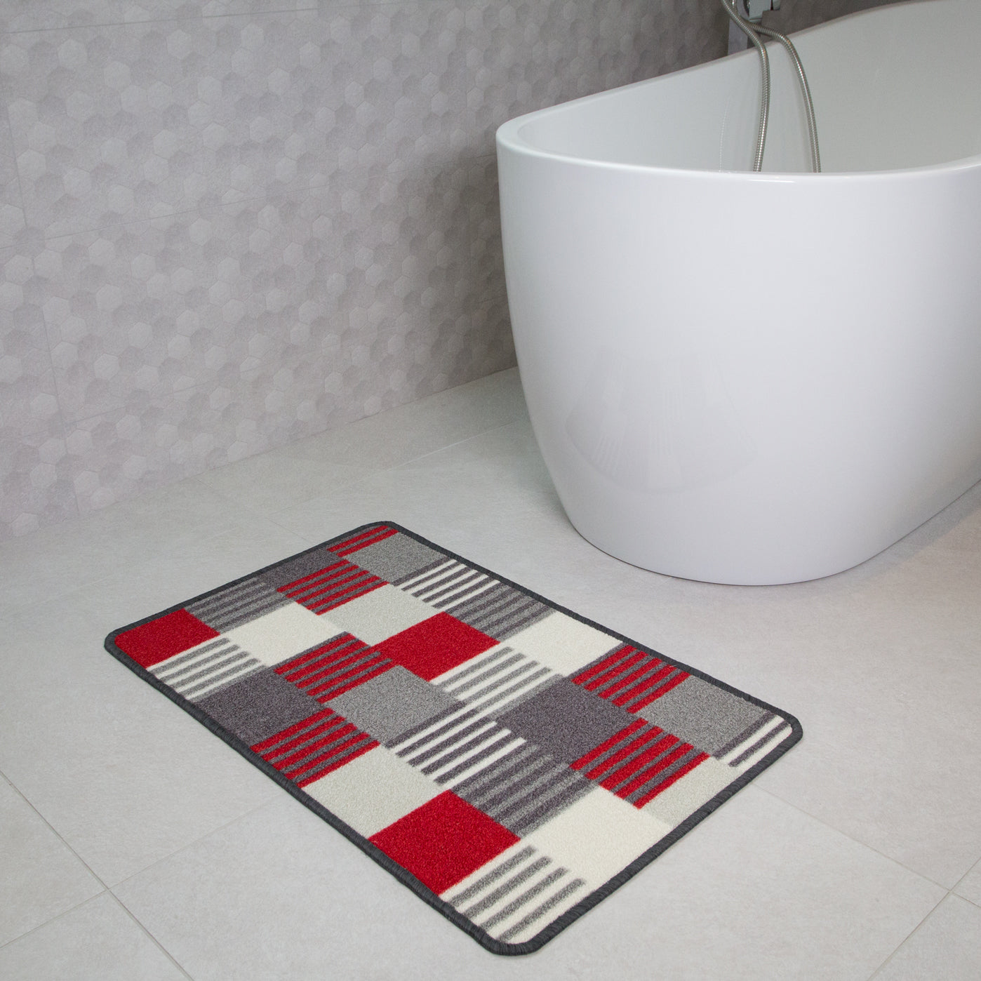 Red Grey Geometric Washable Rug