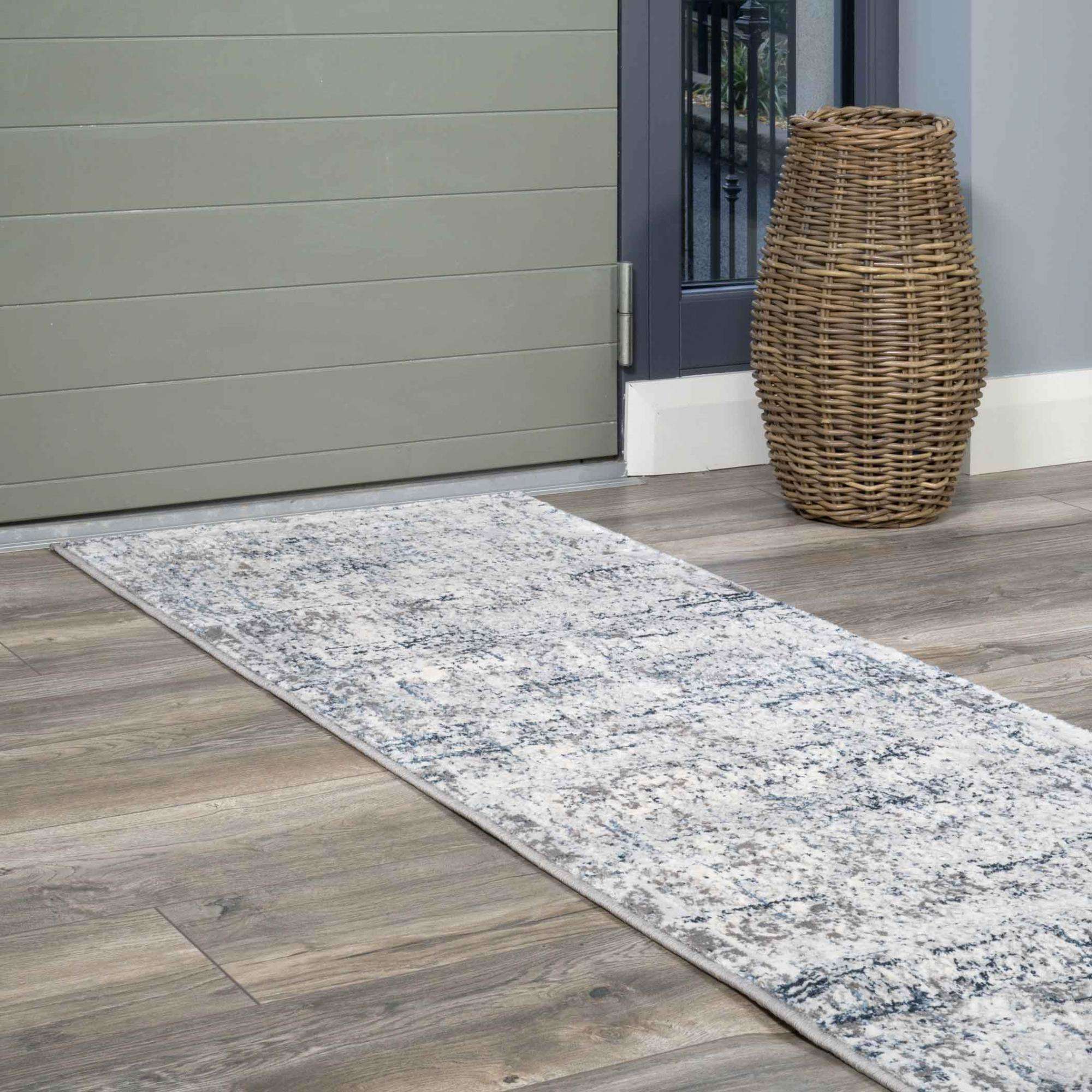 Modern Abstract Distressed Hall Runner Rugs Blue Grey