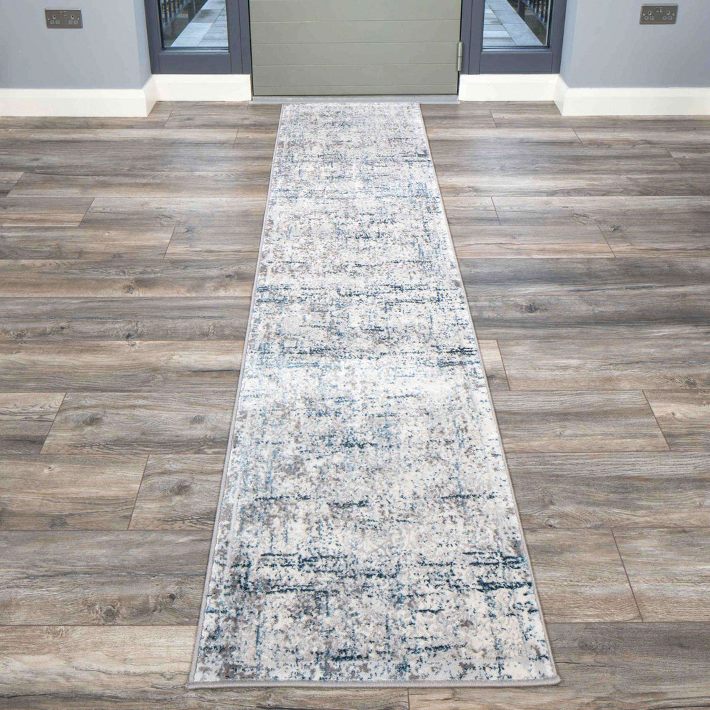 Modern Abstract Distressed Hall Runner Rugs Blue Grey