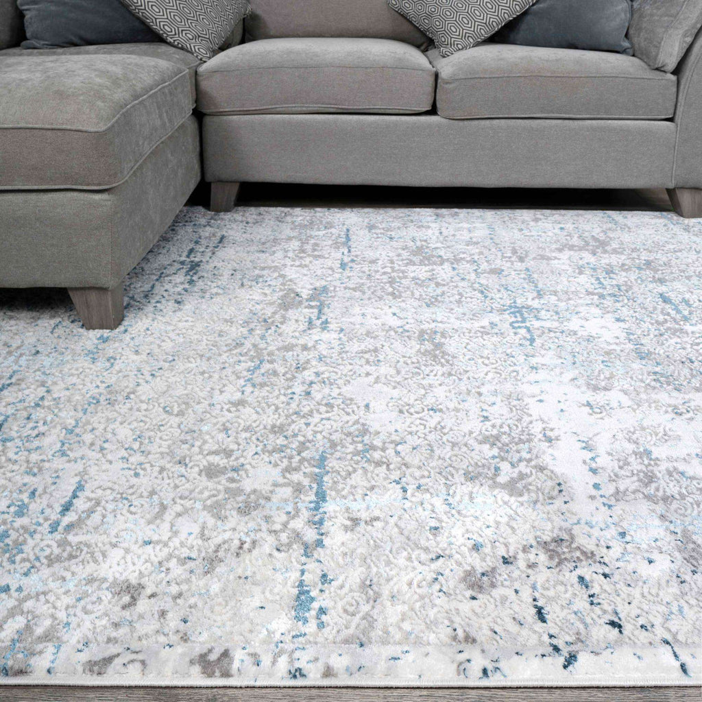 Modern Abstract Distressed Hall Runner Rugs Blue Grey