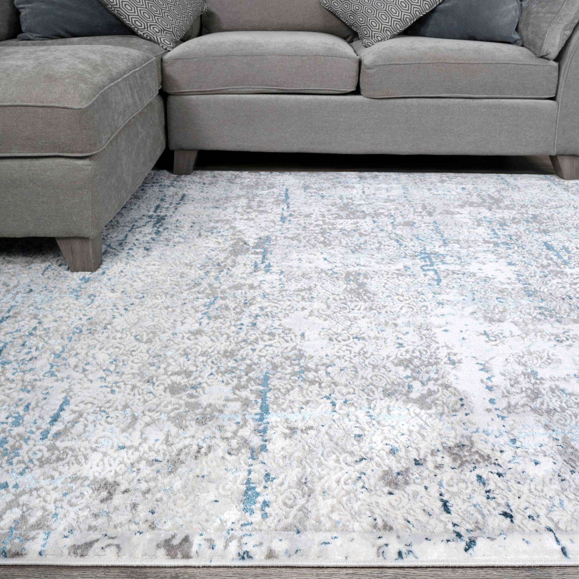 Modern Abstract Distressed Hall Runner Rugs Blue Grey