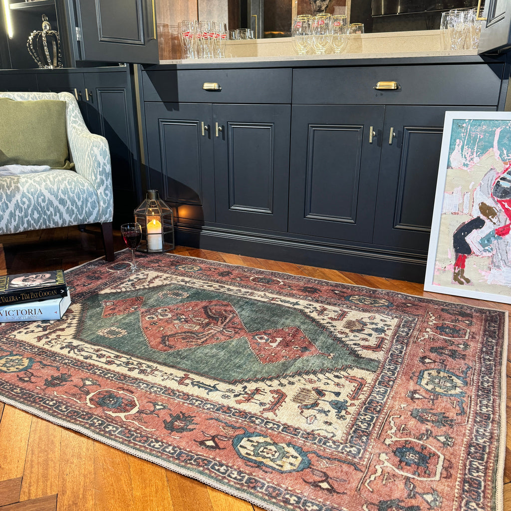 Flatwoven Washable Distressed Terracotta Green Boho Rug - Faro