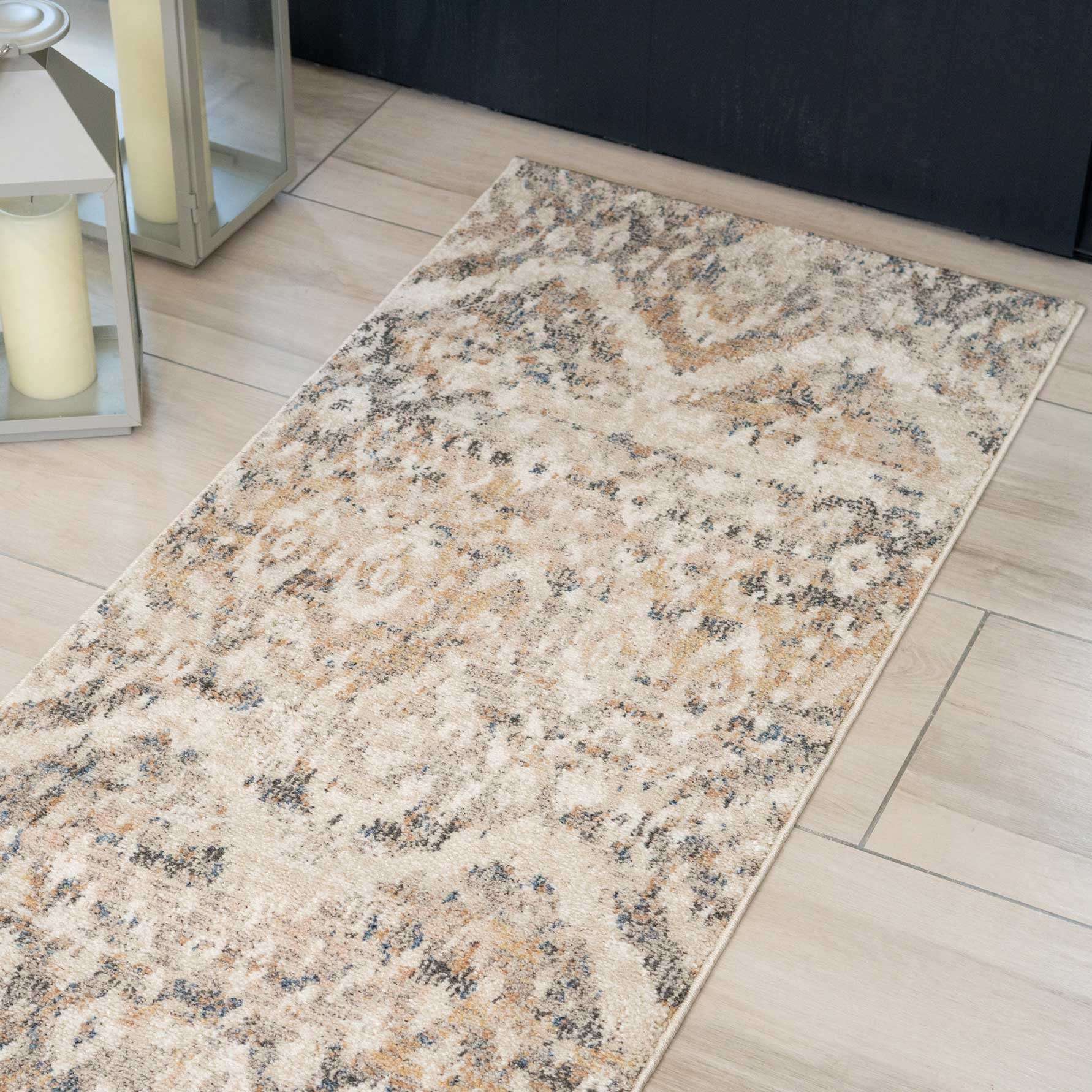 Distressed Grey Gold Diamond Hall Runner Rug