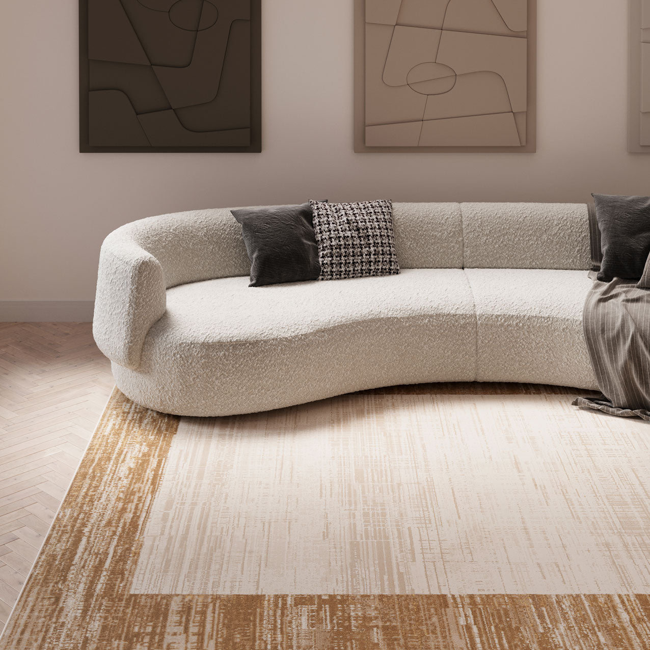 Beige Neutral Border Living Room Rug - Layla