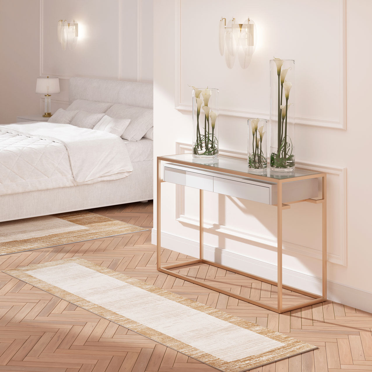 Beige Neutral Border Runner Rug