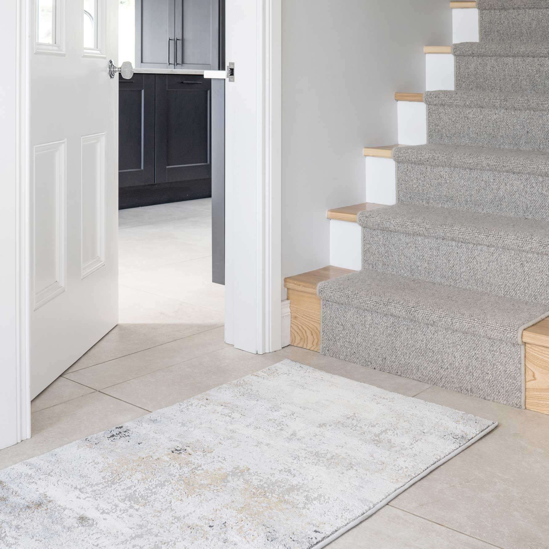 Modern Soft Grey Gold Distressed Abstract Hall Runner Rug