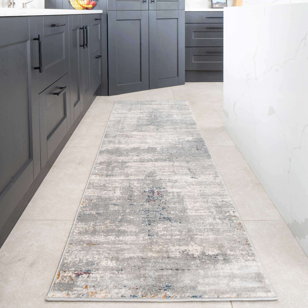 Grey Distressed Multicoloured Abstract Kitchen Runner Rug