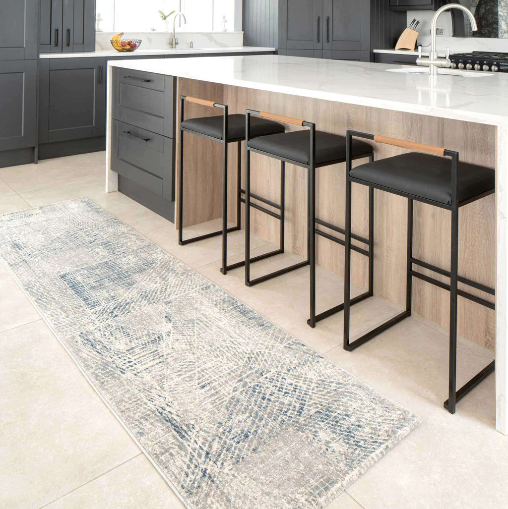 Modern Blue Distressed Abstract Kitchen Runner Rug