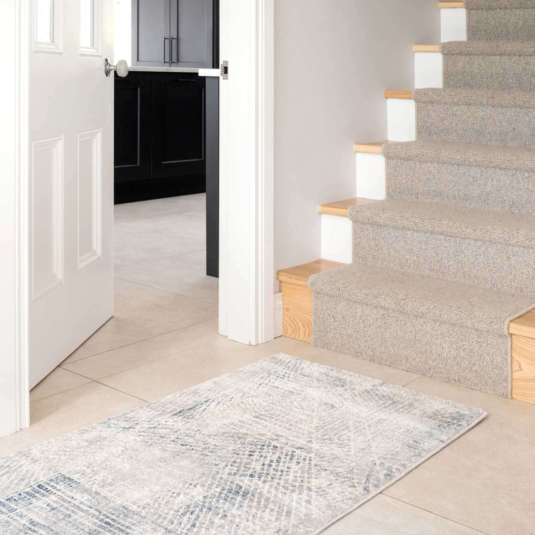 Modern Blue Distressed Abstract Kitchen Runner Rug