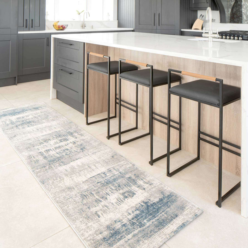 Soft Blue Distressed Abstract Kitchen Runner Rug