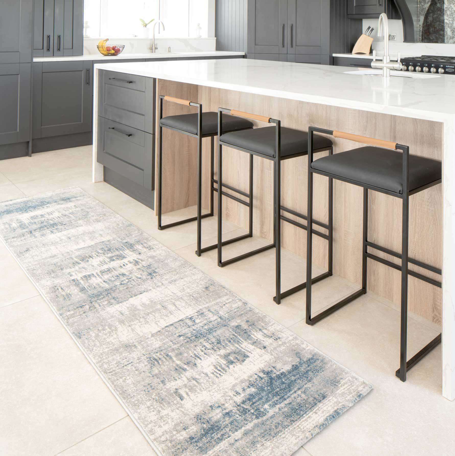 Soft Blue Distressed Abstract Kitchen Runner Rug