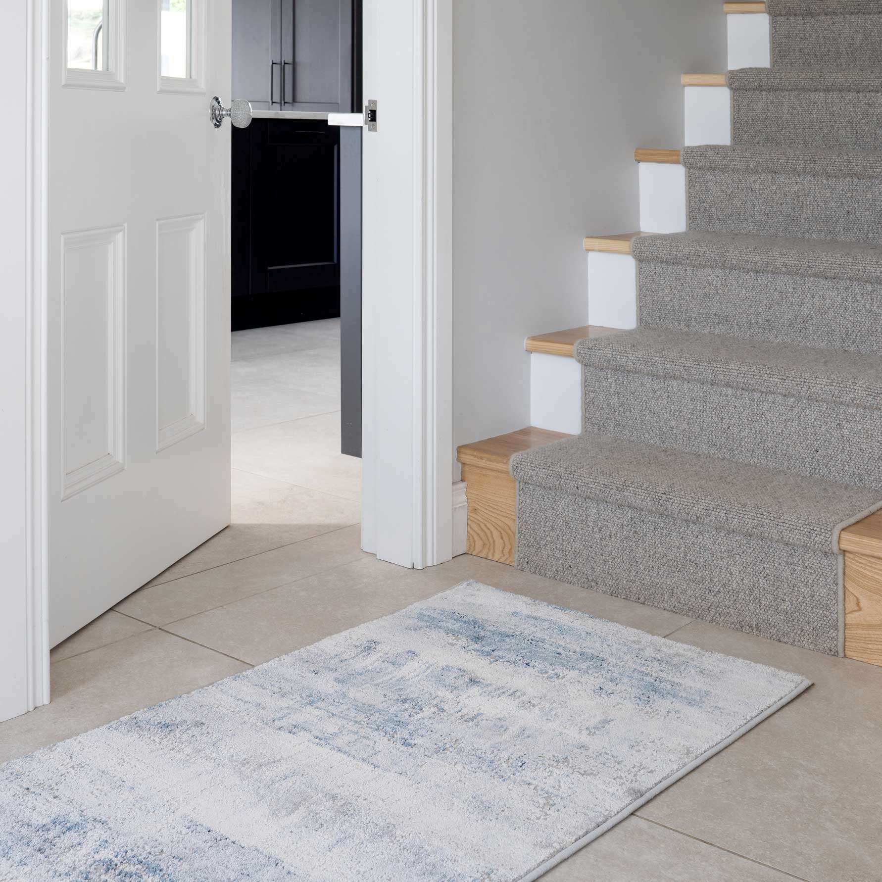 Soft Blue Distressed Abstract Kitchen Runner Rug