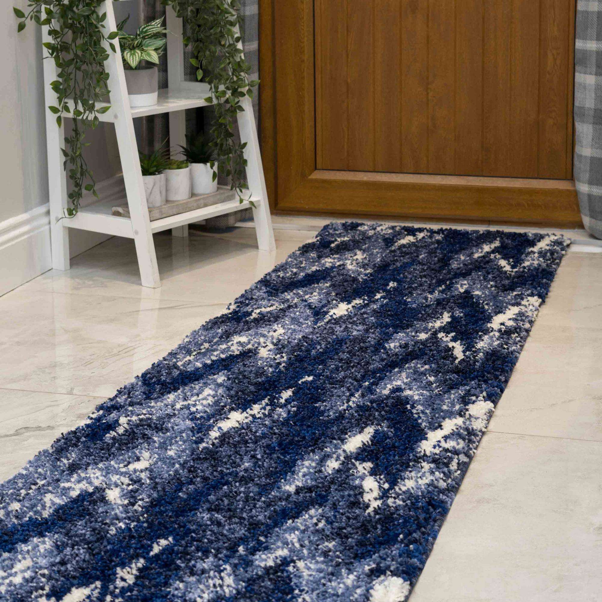 Blue Navy Chevron Mottled Shaggy Hall Runner Rug