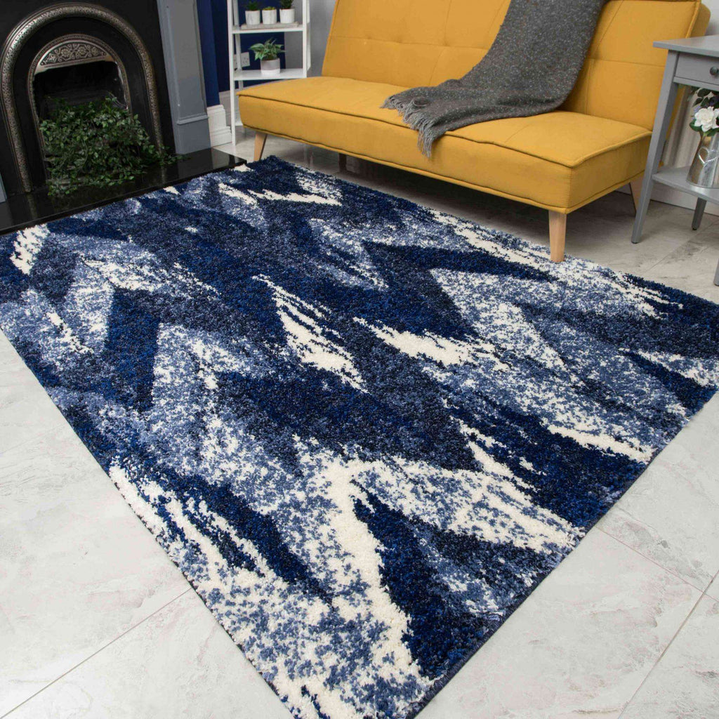 Blue Navy Chevron Mottled Shaggy Hall Runner Rug