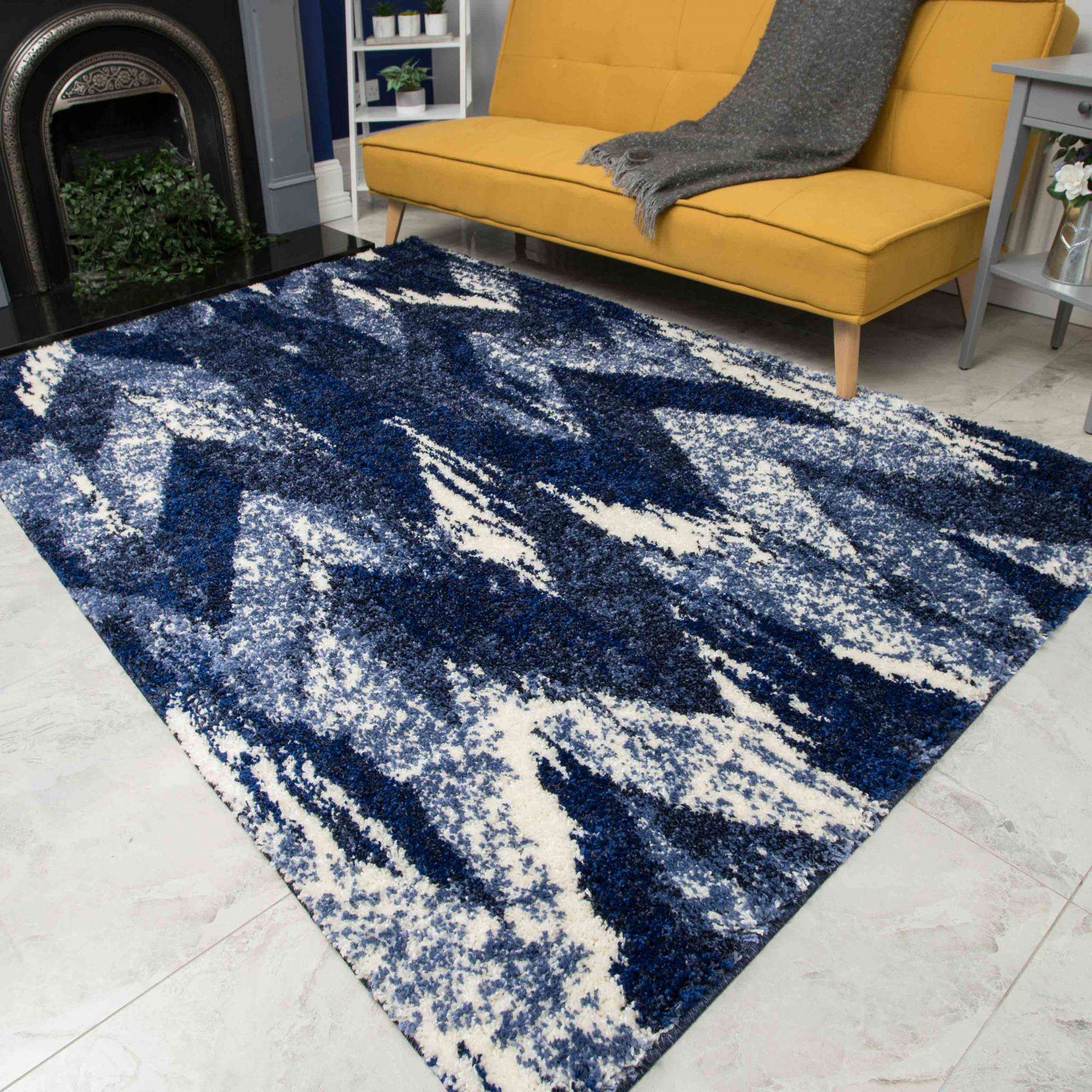 Blue Navy Chevron Mottled Shaggy Hall Runner Rug