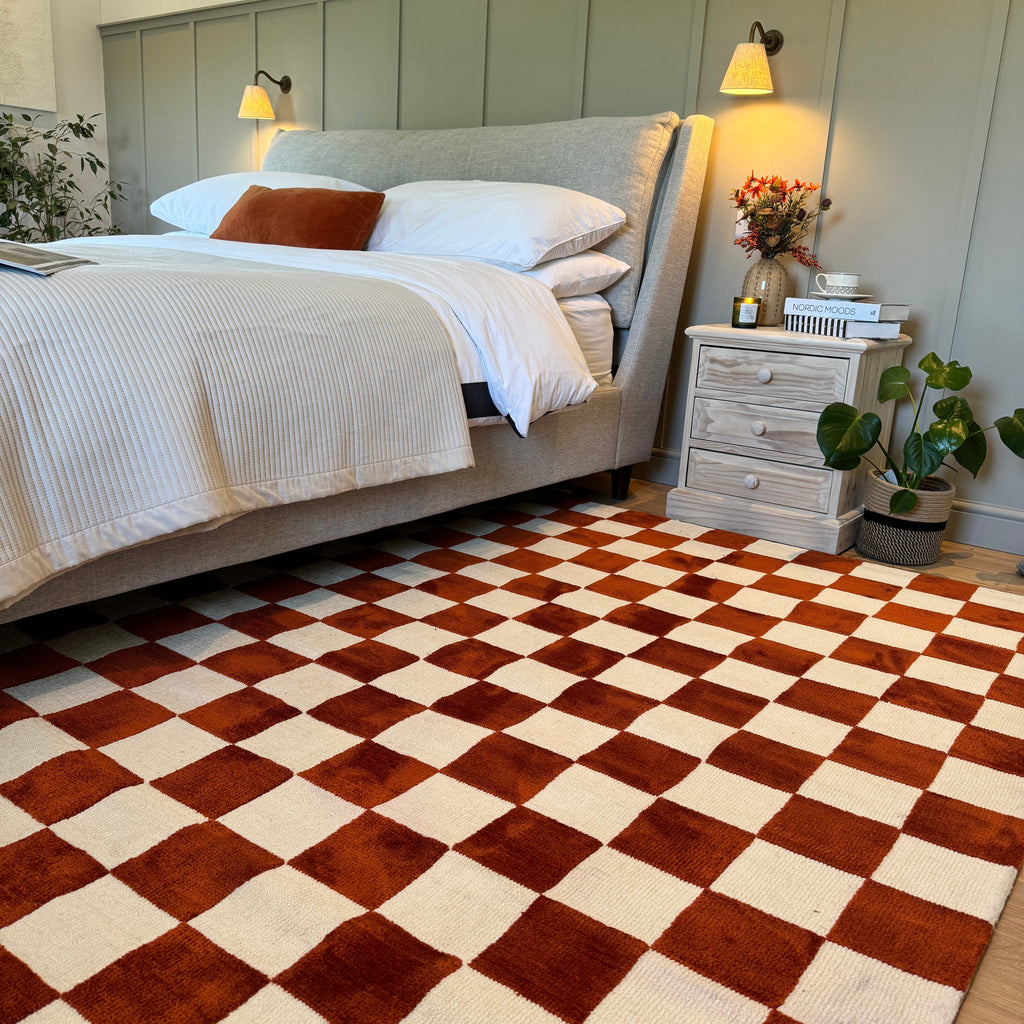 Burnt Orange Retro Checkerboard Rug - Maze Rust
