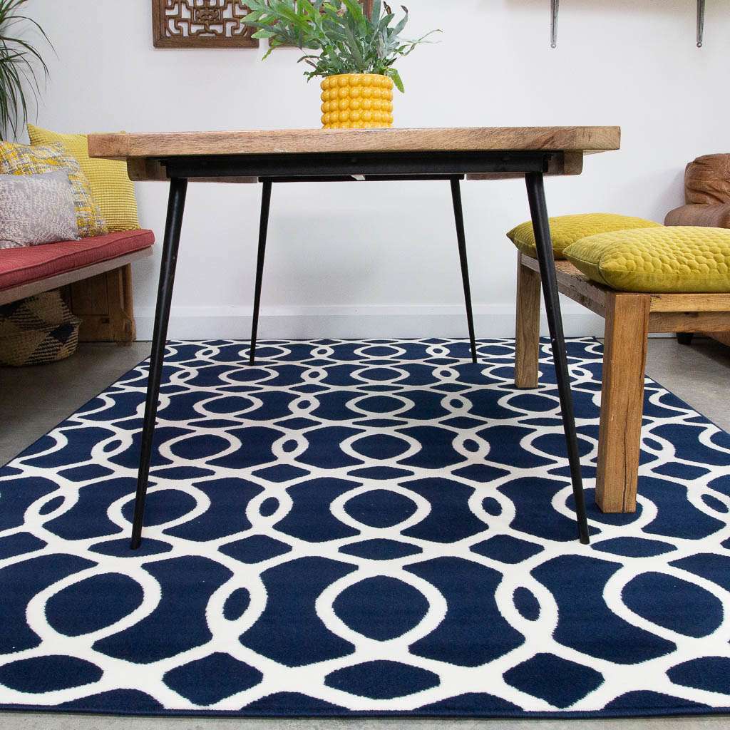 Navy Blue Modern Trellis Bedroom Rug