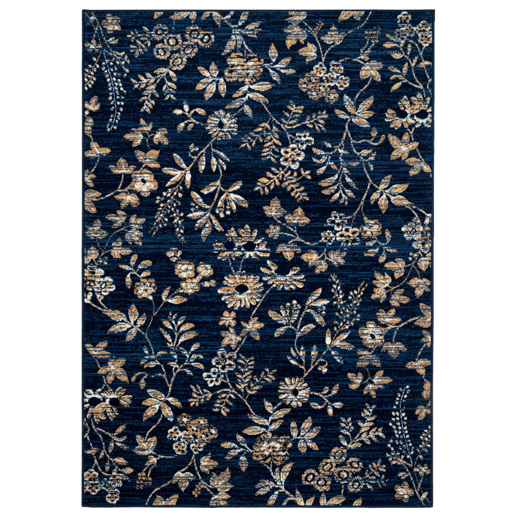 Navy Blue Gold Floral Living Room Rug