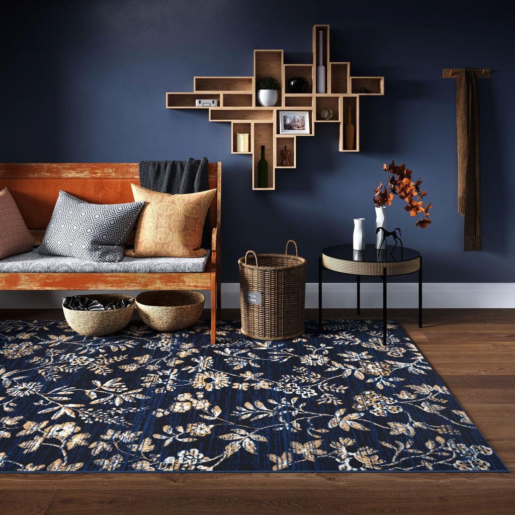 Navy Blue Gold Floral Living Room Rug